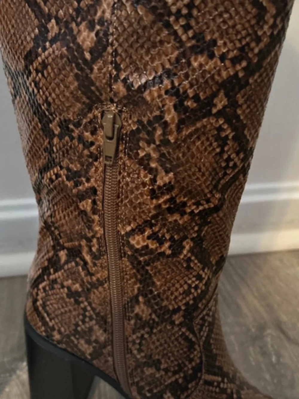 Brown Snake-Print Knee-High Boots - Women's Block Heel Fashion Boots